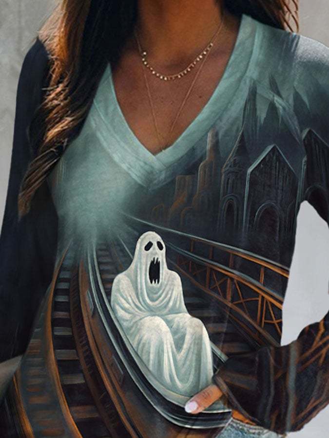 Retro V-neck Ghost Of Roller Coaster Print T-Shirt