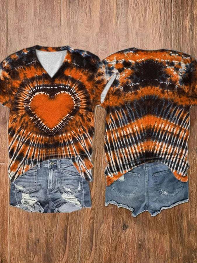 V-Neck Orange Black Heart Tie Dye Print T-Shirt