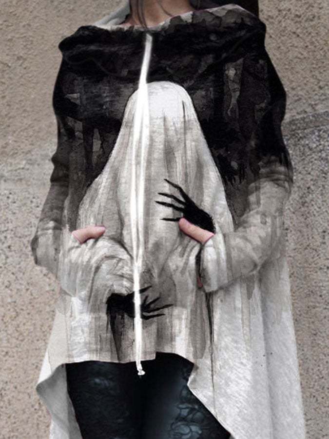 Women's Casual Ghost Art Print Irregular Sweatshirt