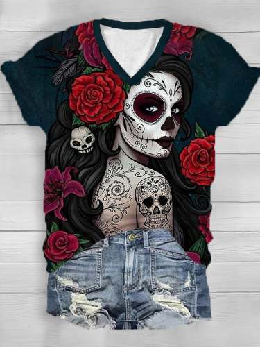 Women's Diamond Skull Makeup V-Neck Tee