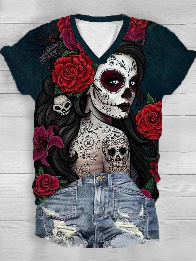 Women's Diamond Skull Makeup V-Neck Tee
