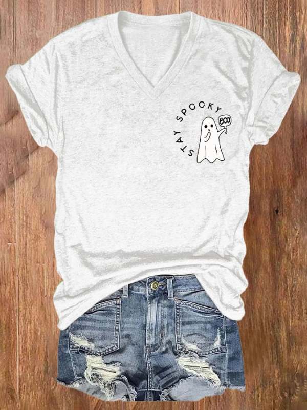 V-neck Retro Stay Spooky Print T-Shirt