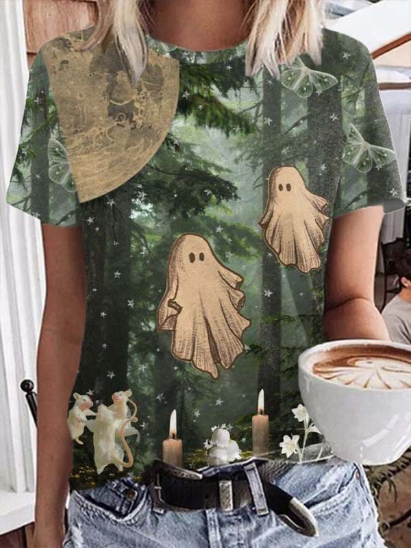 Women's Casual Ghost Art Print Short Sleeve T-Shirt