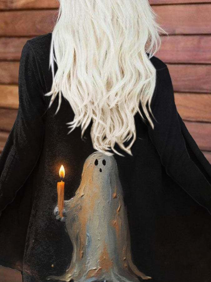 Retro Ghost Painting Candle Print Long Sleeve Cardigan