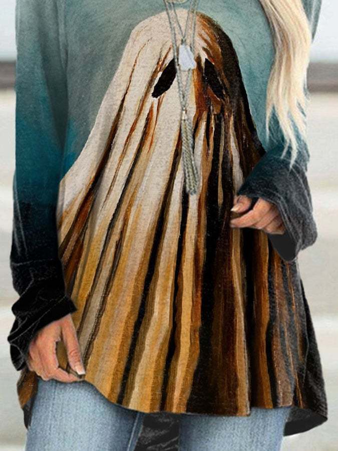 Retro Ghost Oil Painting Print Irregular Tops