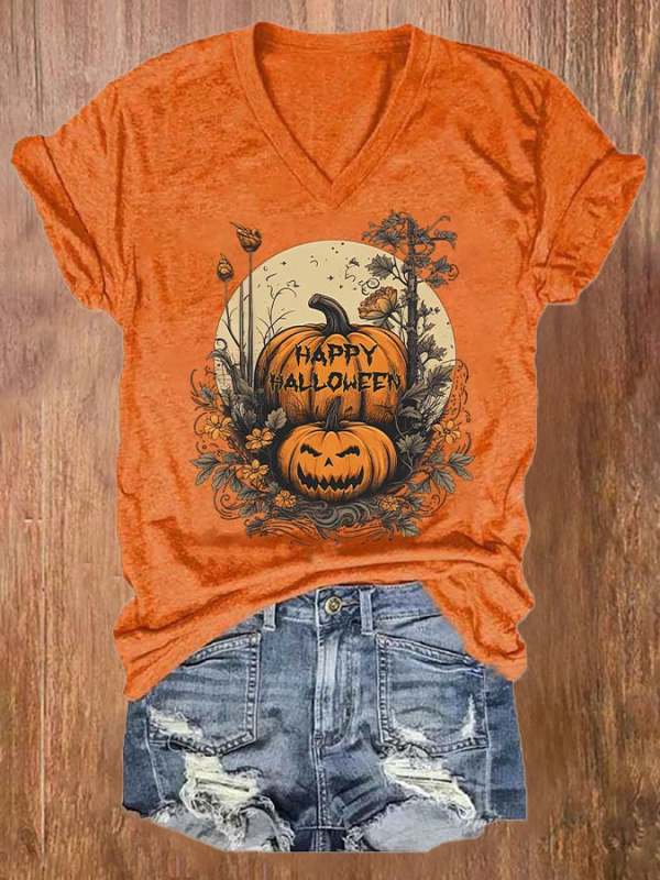 Women's Casual Happy Halloween Jack O'Lantern Floral Pumpkin Printed Short Sleeve T-Shirt