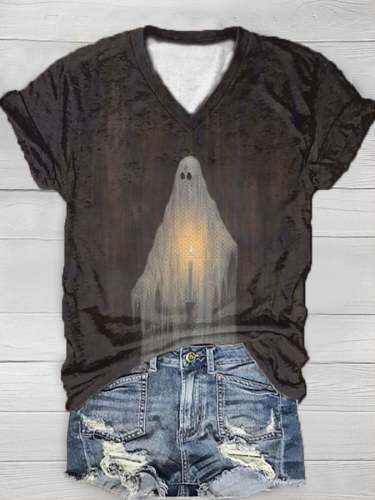 Women's Ghost Printed V-Neck Casual T-Shirt