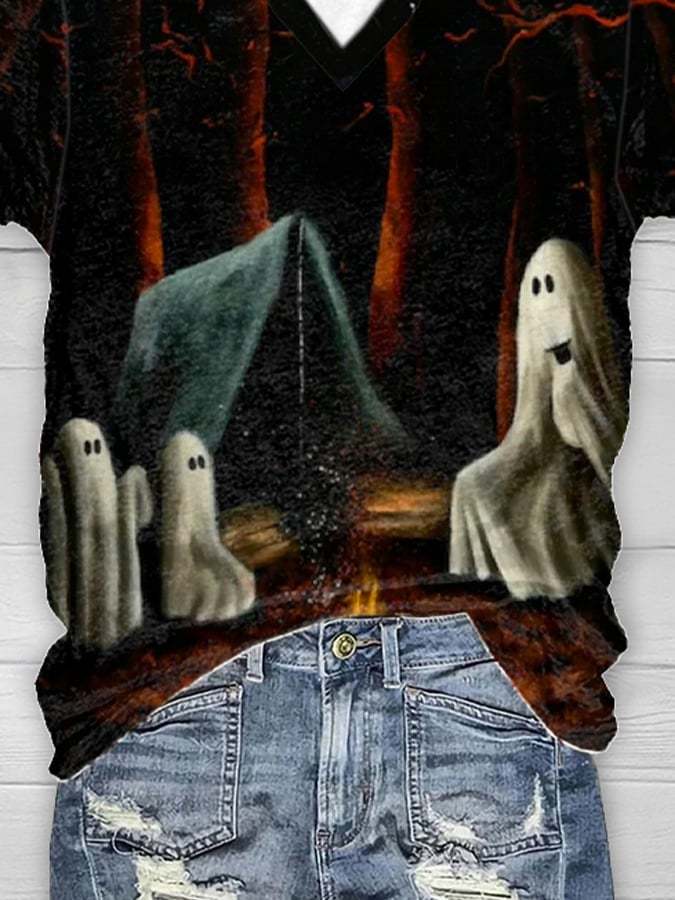 Halloween Women's Ghost Print Short Sleeve T-Shirt