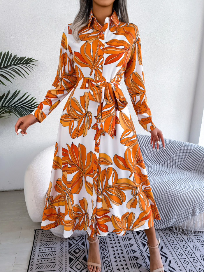 Women Casual Floral Print Long Sleeve Maxi Shirt Dress