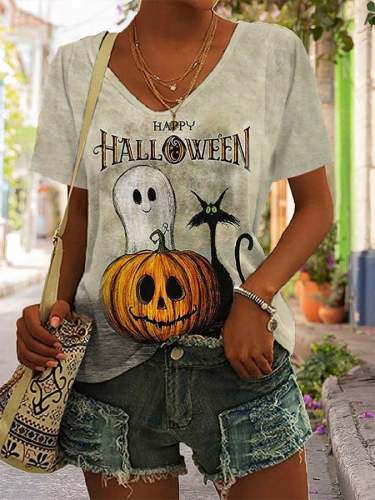 Women's Happy Halloween Ghost Print T-Shirt