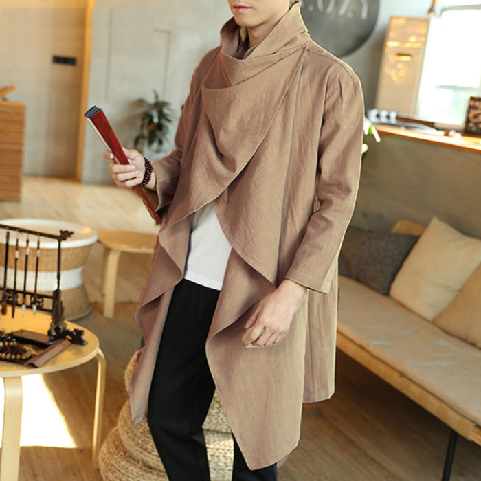 Men's Vintage Solid Color Scarf Collar Casual Irregular Cotton Fashion Trench Coat