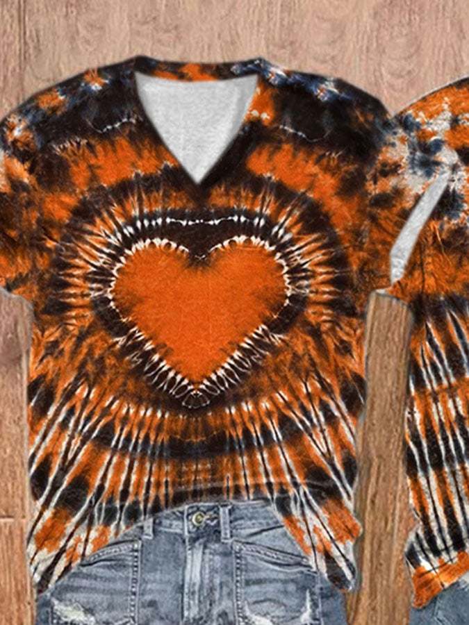 V-Neck Orange Black Heart Tie Dye Print T-Shirt