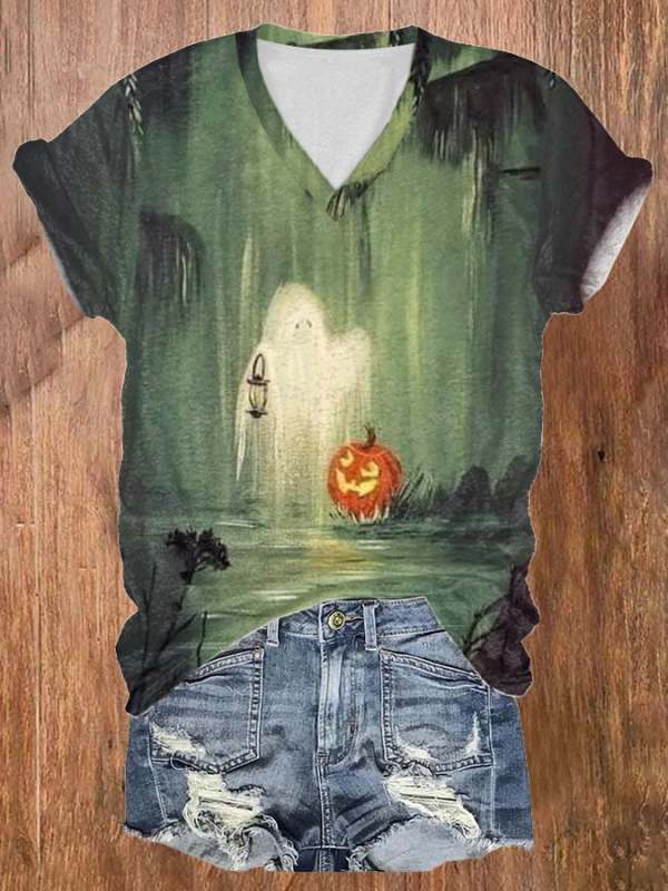 Women's Casual Ghost Art Printed Short Sleeve T-Shirt