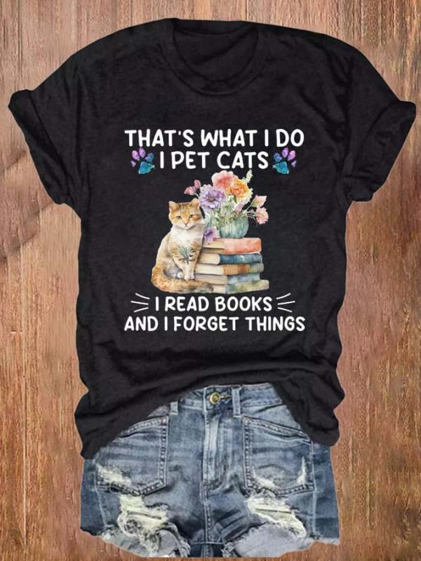 Women's Cat And Books Print Casual T-Shirt