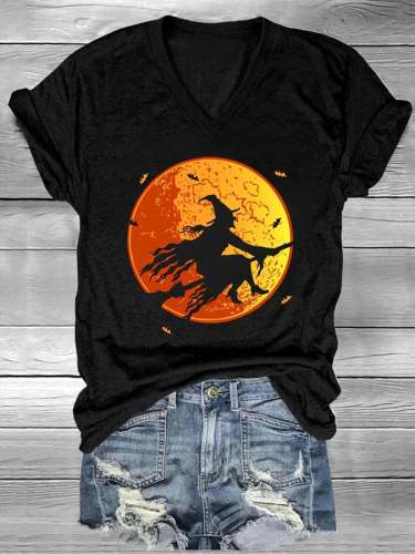Women's Halloween Witch Printe V-Neck Casual T-Shirt
