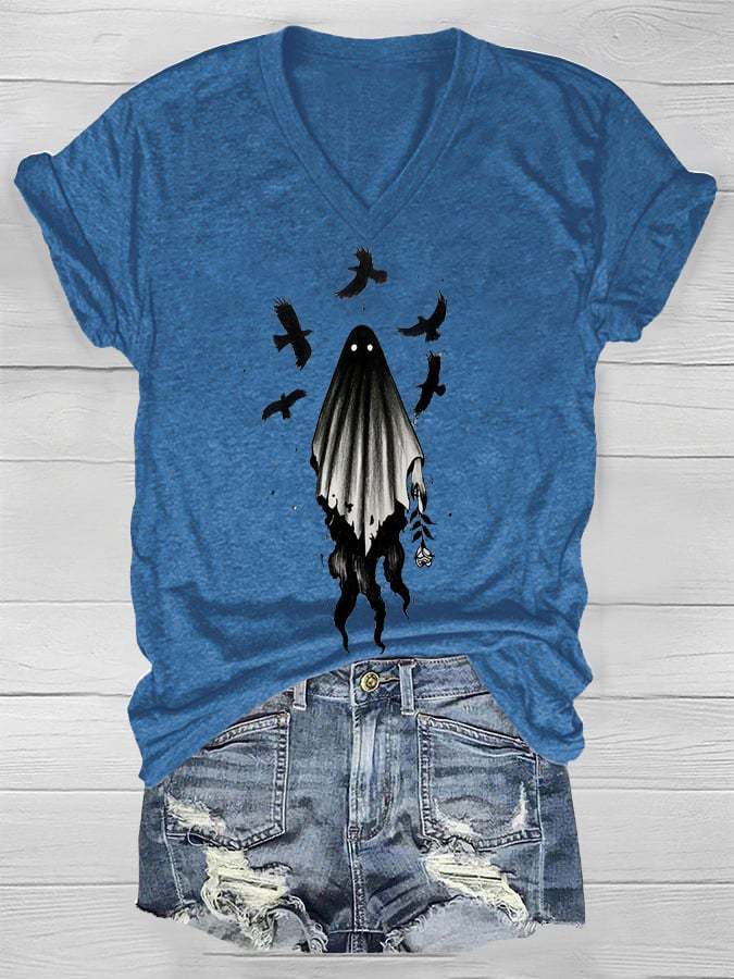 Women's Ghost Print V-neck T-Shirt