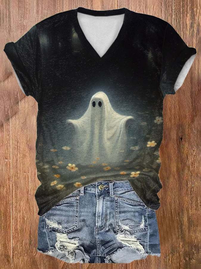 V-neck Retro Ghost Dancing With Flowers Print T-Shirt
