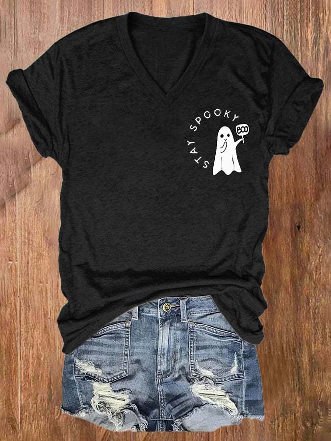 V-neck Retro Stay Spooky Print T-Shirt