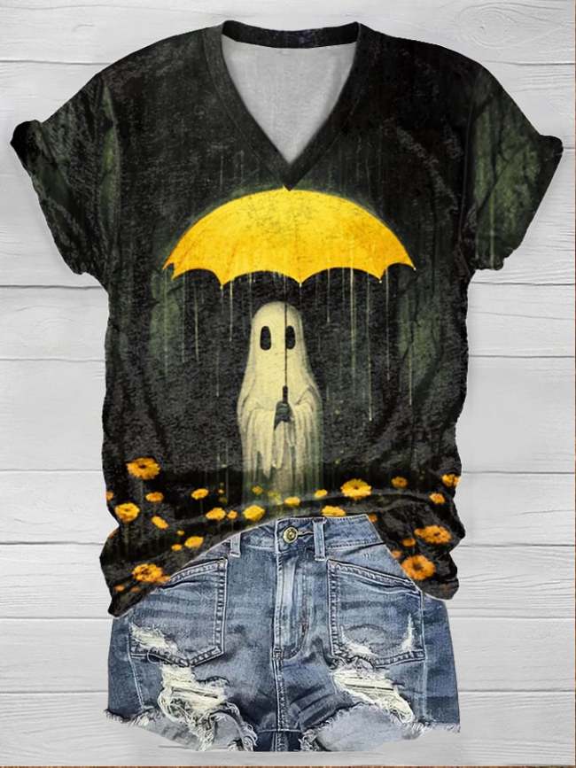 Women's Ghost In Forest Print Short Sleeve T-Shirt