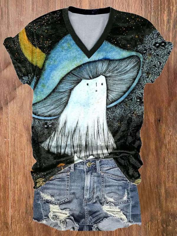 Women's Ghost Mushroom Print Short Sleeve T-Shirt