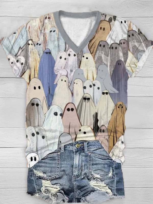 Women's Ghost Art Printed V-Neck Casual T-Shirt