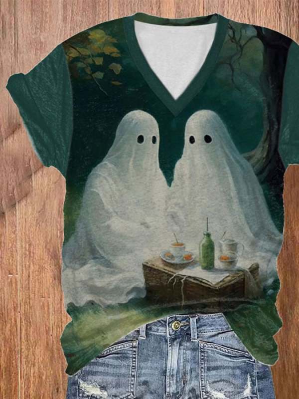 Women's Casual Ghost Art Printed Short Sleeve T-Shirt