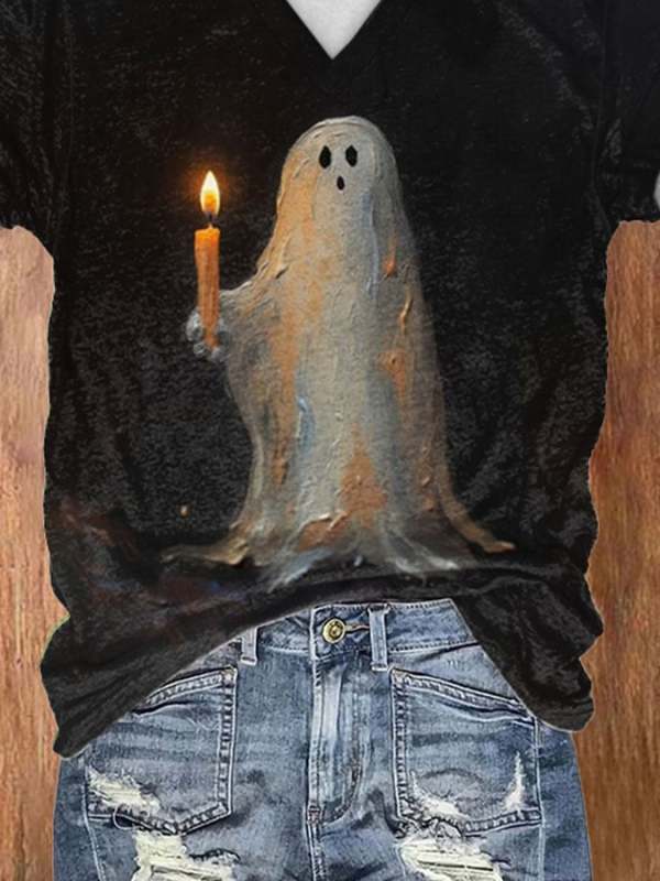V-neck Retro Ghost Painting Candle Print T-Shirt