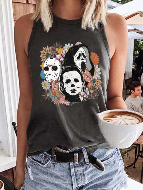 Women's Ghost Floral Print Round Neck Sleeveless Tank Top