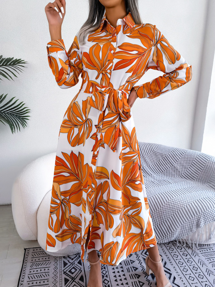 Women Casual Floral Print Long Sleeve Maxi Shirt Dress