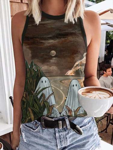 Women's Casual Ghost Art Print Sleeveless Tank Top