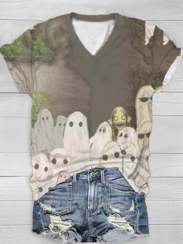 Women's Ghost Art Printed V-Neck Casual T-Shirt