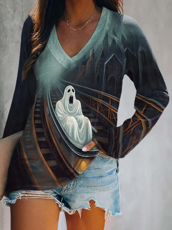 Retro V-neck Ghost Of Roller Coaster Print T-Shirt