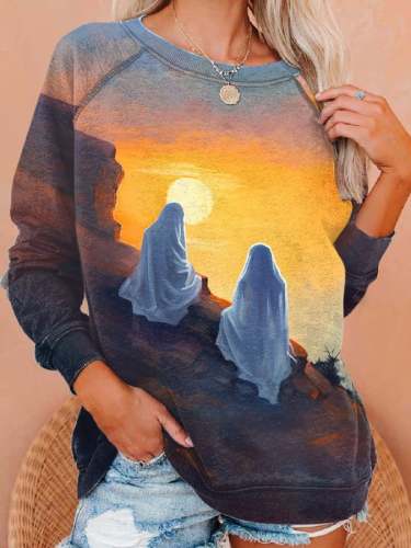 Retro Ghost Watching Sunset Print Sweatshirt