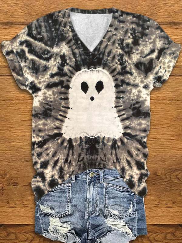 Women's Ghost Tie Dye Print V-Neck Tee