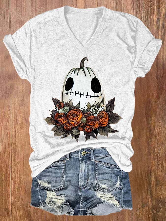 Women's Casual Fall Flower Bouquet Ghost Bella Halloween Printed Short Sleeve T-Shirt