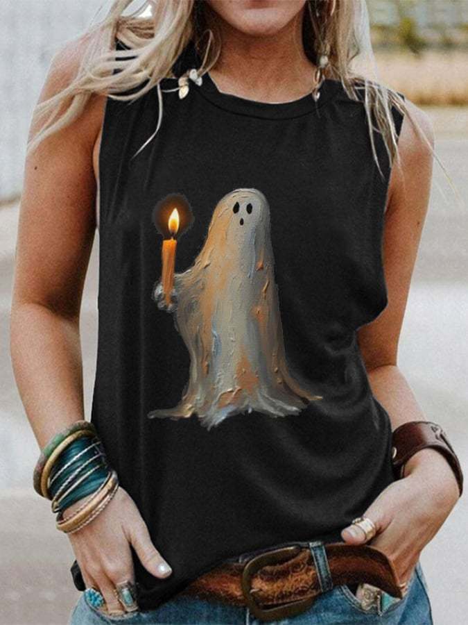 Retro Ghost Painting Candle Print Tank Top