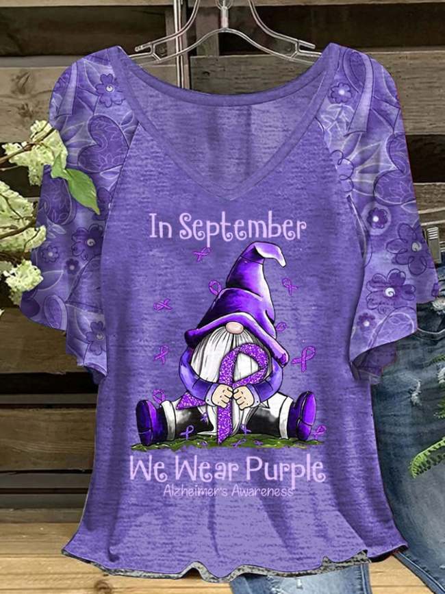 Women's Alzheimer's Awareness Gnome Ruffle Sleeve T-Shirt