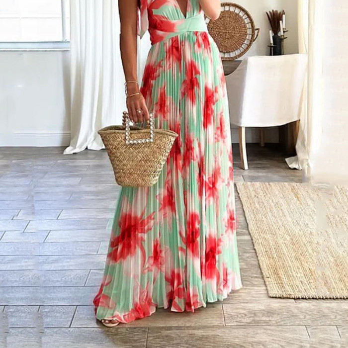 Casual V Neck Pleated Tie Up Backless Nipped Waist Slim Floral Pinted Beach Dresses