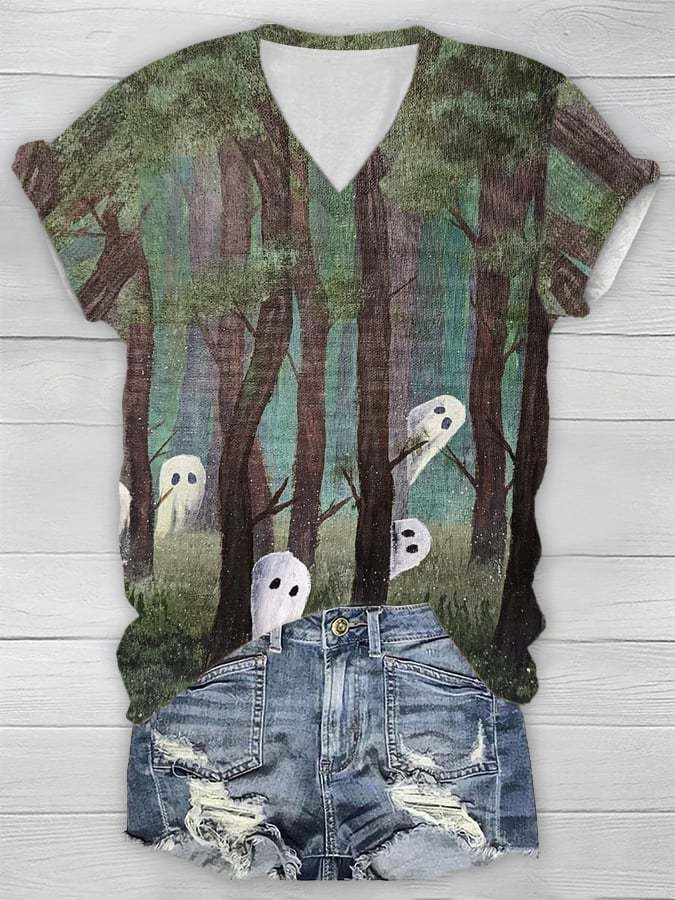 Women's Casual Ghost Art Print Short Sleeve T-Shirt
