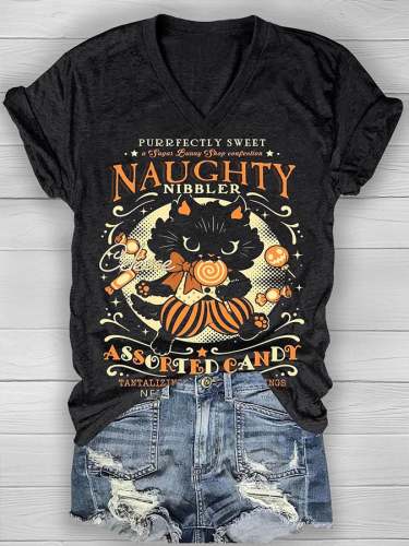Women's Casual Naughty Nibbler Assorted Candy Printed Short Sleeve T-Shirt
