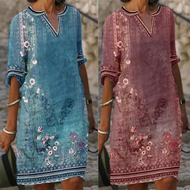 Women's Fashion Large Size V Neck Print Short Sleeved A-Line Loose Casual Dress