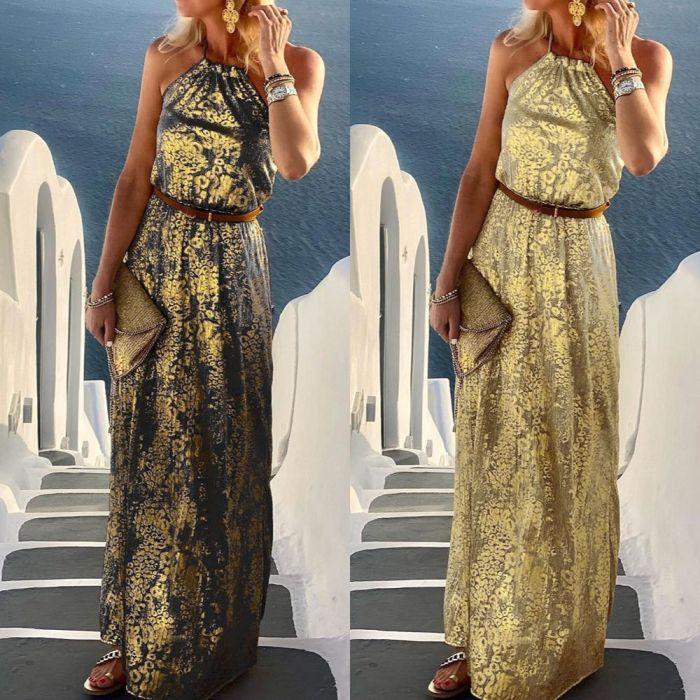 Women Casual Sleeveless Print Loose Beach Style Maxi Dress