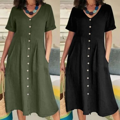 Women's V-neck Cotton Linen Beach Casual Loose Button Dress