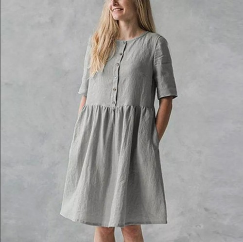 Women Short Sleeve Solid Cotton Linen Round Neck Casual Dress