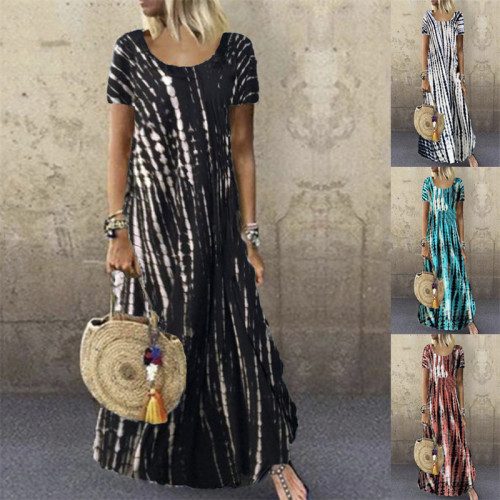 Women O Neck Short Sleeve Casual Loose Fashion Print Maxi Dress