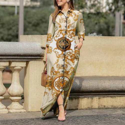 Women Bohemian Casual Vintage Print Maxi Shirt Dress