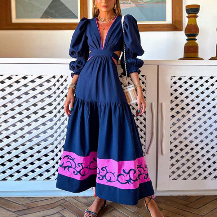 Women V Neck Sexy Elegant Patchwork Loose Casual Maxi Dress