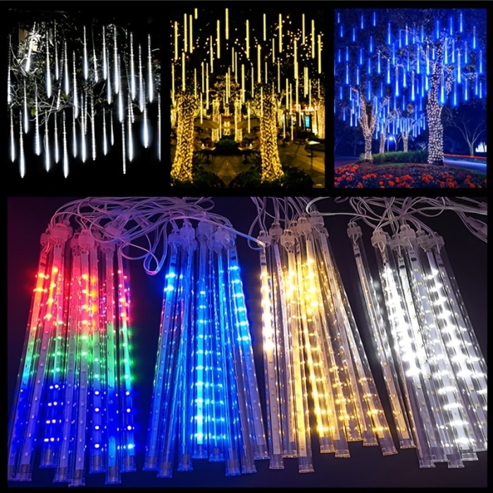 1 Set 8 Tube 192 LEDs 11.81inch Solar LED Meteor Shower Light, Holiday String Light, Waterproof Fairy Garden Decor, Outdoor Led Street Garland Christmas Decoration, Tearable Stickers For DIY Scrapbooking, Halloween Decorations Lights Outdoor