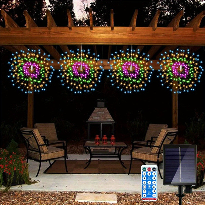 4 Pack Hanging Solar Firework Lights, 480 LED Starburst Lights, Copper Wire Outdoor Waterproof Lights, Timer 8 Modes Remote Control, Halloween Decorations Lights Outdoor, For Patio Umbrella, Eave, Garden Tree Christmas Lights(Warm White\u002FMulticolor)