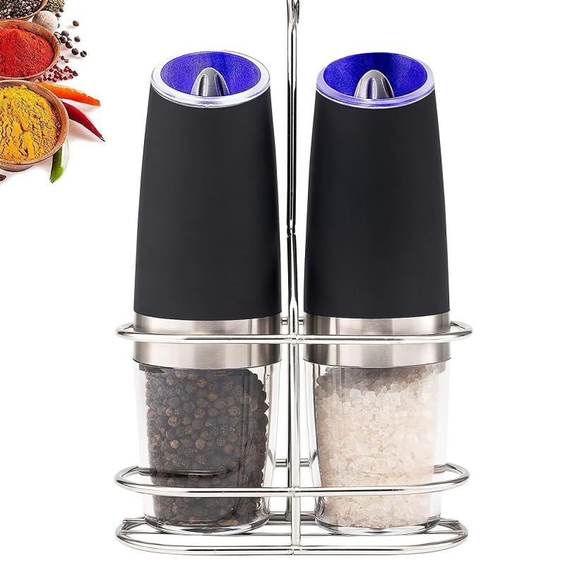 1\u002F2pcs Gravity Electric Pepper And Salt Grinder Set, Adjustable Coarseness, Battery Powered With LED Light, One Hand Automatic Operation, Stainless Steel Black 7.8inch\u002F2inch